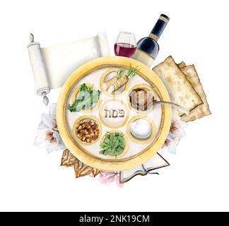 Symboles de la Pâque aquarelle - assiette de séder avec nourriture de vacances, vin, scroll de Haggadah, matzah, raifort, os de jambe d'agneau, herbes Banque D'Images