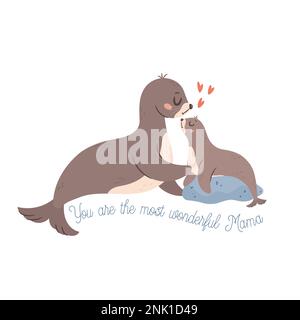 Mama Seal avec bébé. Concept de carte de vœux Happy Mothers Day. Illustration de Vecteur