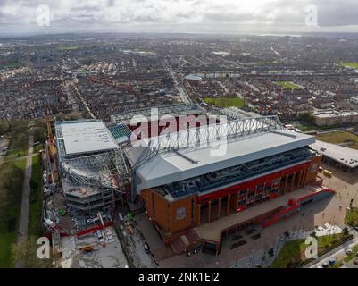 Drone aérienne de la fantastique maison de Liverpool football Club, Anfield ! FT l'extrémité KOP Banque D'Images