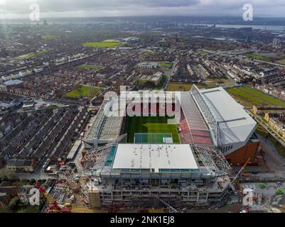 Drone aérienne de la fantastique maison de Liverpool football Club, Anfield ! FT l'extrémité KOP Banque D'Images