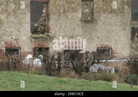 Les officiers de Forensice à la propriété de Drumnakilly, où un véhicule a été abandonné et a allumé pendant la nuit. La propriété est proche du complexe sportif dans la zone de Killyclogher Road d'Omagh, Co Tyrone, où l'inspecteur en chef détective hors service de PSNI John Caldwell a été abattu un certain nombre de fois par des hommes masqués devant des jeunes qu'il avait été entraîneur. M. Caldwell reste dans un état critique mais stable à l'hôpital après l'attaque de mercredi soir. Date de la photo: Jeudi 23 février 2023. Banque D'Images