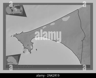 Dakar, région du Sénégal. Carte d'altitude en niveaux de gris avec lacs et rivières. Cartes d'emplacement auxiliaire d'angle Banque D'Images