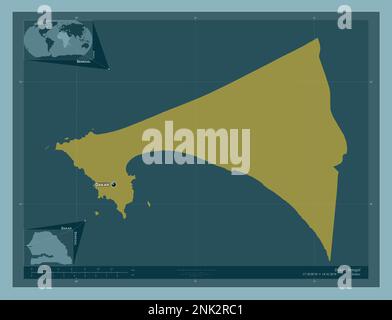 Dakar, région du Sénégal. Forme de couleur unie. Lieux et noms des principales villes de la région. Cartes d'emplacement auxiliaire d'angle Banque D'Images