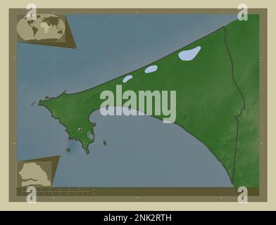 Dakar, région du Sénégal. Carte d'altitude colorée en style wiki avec lacs et rivières. Cartes d'emplacement auxiliaire d'angle Banque D'Images