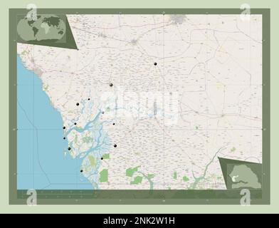 Fatick, région du Sénégal. Ouvrez la carte des rues. Lieux des principales villes de la région. Cartes d'emplacement auxiliaire d'angle Banque D'Images