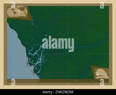 Fatick, région du Sénégal. Carte d'altitude en couleur avec lacs et rivières. Cartes d'emplacement auxiliaire d'angle Banque D'Images