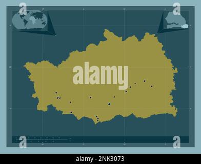 Kedougou, région du Sénégal. Forme de couleur unie. Lieux des principales villes de la région. Cartes d'emplacement auxiliaire d'angle Banque D'Images