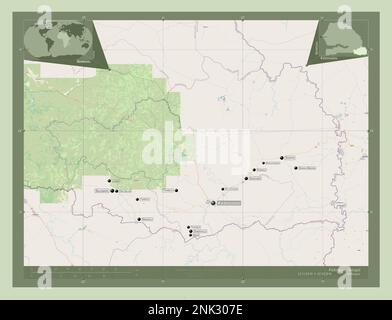Kedougou, région du Sénégal. Ouvrez la carte des rues. Lieux et noms des principales villes de la région. Cartes d'emplacement auxiliaire d'angle Banque D'Images