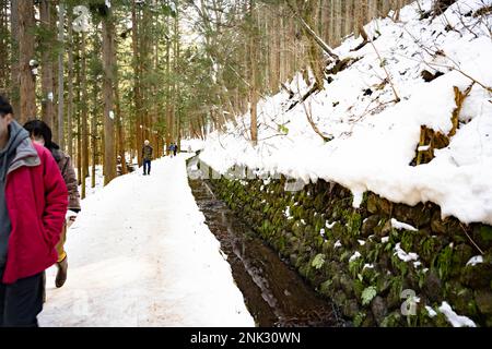 Yamanochi, préfecture de Nagano, Japon. 12th févr. 2023. Pistes couvertes de neige et de glace, paysage général nature scènes de Jigokudani, Ou « Hell's Valley », une vallée de source chaude volcanique active dans les Alpes japonaises connue pour accueillir Snow Monkey Park, qui abrite les célèbres Nagano Snow Monkeys qui restent au chaud par les sources chaudes volcaniques lors d'une journée d'hiver à une température inférieure à la température froide. Jigokudani Yaen-Koen, ou Parc des singes des neiges, est une destination touristique populaire. Situé dans les Alpes japonaises, les visiteurs peuvent observer les macaques japonais, ou les singes à neige, se détendre dans les sources chaudes onsen pendant le winte Banque D'Images