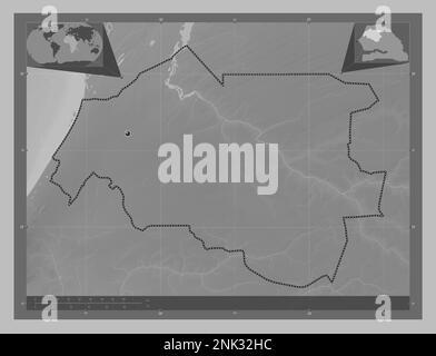 Louga, région du Sénégal. Carte d'altitude en niveaux de gris avec lacs et rivières. Cartes d'emplacement auxiliaire d'angle Banque D'Images
