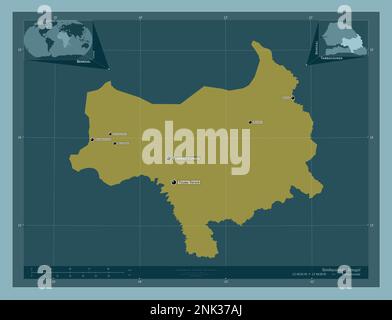 Tambacounda, région du Sénégal. Forme de couleur unie. Lieux et noms des principales villes de la région. Cartes d'emplacement auxiliaire d'angle Banque D'Images