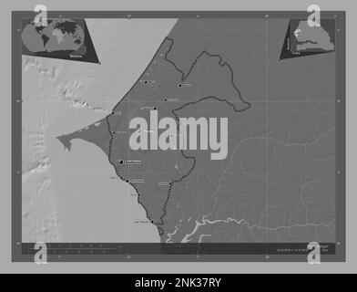 Thies, région du Sénégal. Carte d'altitude à deux niveaux avec lacs et rivières. Lieux et noms des principales villes de la région. Emplacement auxiliaire d'angle ma Banque D'Images