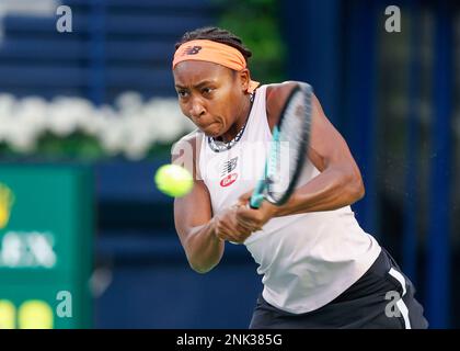 Dubaï, Émirats arabes Unis, 23st. Fév. 2023. Le joueur américain de tennis Coco Gauff en action au tournoi des Championnats de tennis duty Free de Dubaï au Stade de tennis duty Free de Dubaï le jeudi 23 février 2023., © Juergen Hasenkopf / Alamy Live News Banque D'Images
