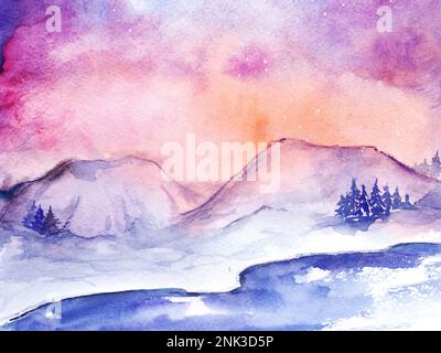 Aquarelle lumières du nord nature neige hiver paysage. Banque D'Images