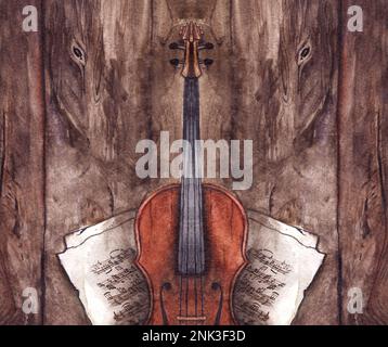 Instrument de musique violon vintage aquarelle avec notes de musique sur fond de texture bois. Banque D'Images