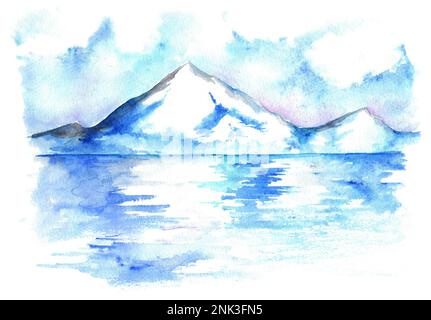 Aquarelle Nord hiver glace montagne paysage dessiné à la main. Banque D'Images