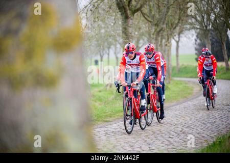 Jasper Stuyven belge de Trek-Segafredo photographié en action lors de la reconnaissance de la piste de la course cycliste d'une journée de ce week-end Omloop Het Nieuwsblad, jeudi 23 février 2023. BELGA PHOTO JASPER JACOBS Banque D'Images