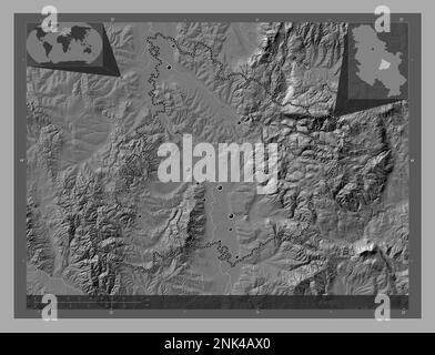 Pomoravski, district de Serbie. Carte d'altitude à deux niveaux avec lacs et rivières. Lieux des principales villes de la région. Cartes d'emplacement auxiliaire d'angle Banque D'Images