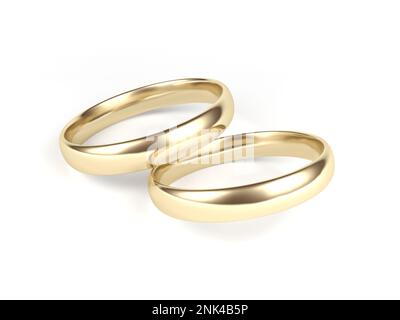 Deux anneaux de mariage dorés isolés sur fond blanc. 3d illustration. Banque D'Images