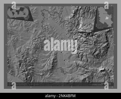 Pomoravski, district de Serbie. Carte d'altitude à deux niveaux avec lacs et rivières. Lieux et noms des principales villes de la région. Emplacement auxiliaire d'angle Banque D'Images