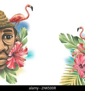 Masque d'argile sous forme d'homme noir dans les feuilles de palmier et les fleurs d'hibiscus, flamants roses. Illustration aquarelle. Composition d'un grand ensemble de CUBA Banque D'Images