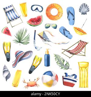 Un grand ensemble de la collection BEACH VACATION. Illustration aquarelle. Les objets isolés sur fond blanc sont des accessoires tropicaux et marins Banque D'Images