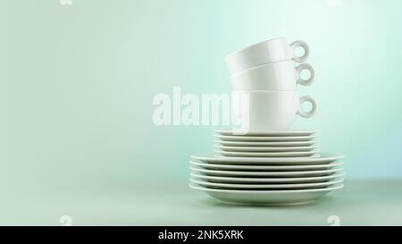 Nettoyez et videz les récipients et les récipients blancs sur fond bleu dégradé. Vaisselle écologique et nettoyage. Plats, fond en porcelaine. Vue avant, CO Banque D'Images
