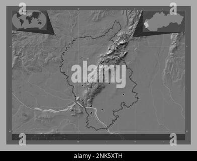 Bratislava, région de Slovaquie. Carte d'altitude à deux niveaux avec lacs et rivières. Lieux des principales villes de la région. Cartes d'emplacement auxiliaire d'angle Banque D'Images