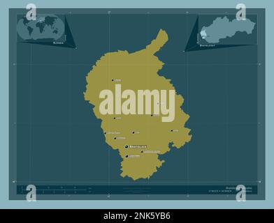 Bratislava, région de Slovaquie. Forme de couleur unie. Lieux et noms des principales villes de la région. Cartes d'emplacement auxiliaire d'angle Banque D'Images