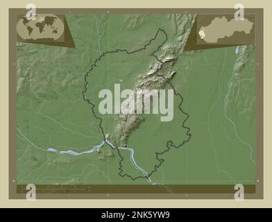 Bratislava, région de Slovaquie. Carte d'altitude colorée en style wiki avec lacs et rivières. Cartes d'emplacement auxiliaire d'angle Banque D'Images