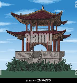 Pagode traditionnelle chinoise avec double toit carrelé. Esquisse Quick Line art Illustration de Vecteur