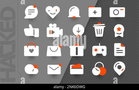 Icônes de l'application et des fonctions de base. Jeux, communication, météo, shopping et autres. Icônes noires avec éléments orange. Illustration de Vecteur