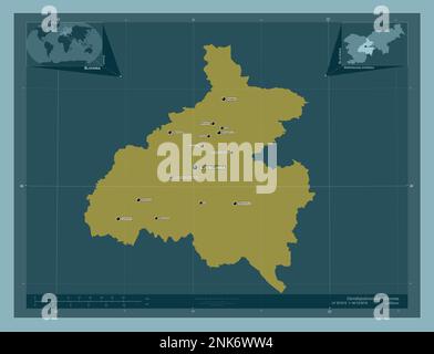 Osrednjeslovenska, région statistique de la Slovénie. Forme de couleur unie. Lieux et noms des principales villes de la région. Carte d'emplacement auxiliaire d'angle Banque D'Images