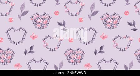 Motif sans couture coeur fleuri avec fleurs roses transparentes et feuilles violettes. Aquarelle pour la Saint-Valentin, le mariage. Banque D'Images