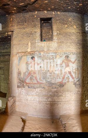 Fresques dans les tombes de Mekhu et Sabni, Assouan, Egypte. Banque D'Images