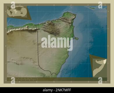 Bari, région de Somalie. Carte d'altitude colorée en style wiki avec lacs et rivières. Cartes d'emplacement auxiliaire d'angle Banque D'Images