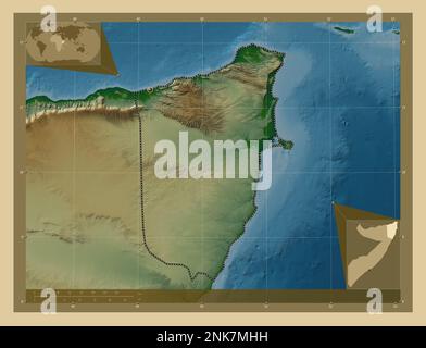 Bari, région de Somalie. Carte d'altitude en couleur avec lacs et rivières. Cartes d'emplacement auxiliaire d'angle Banque D'Images