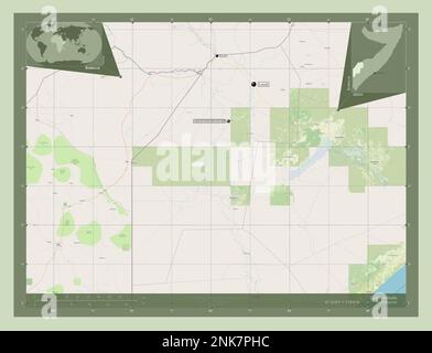 Gedo, région de Somalie. Ouvrez la carte des rues. Lieux et noms des principales villes de la région. Cartes d'emplacement auxiliaire d'angle Banque D'Images