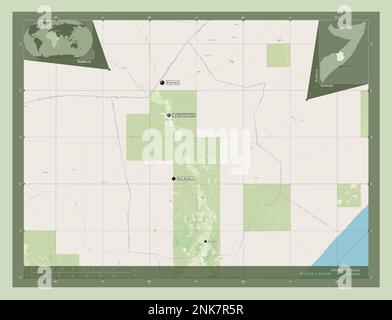 Hiiraan, région de Somalie. Ouvrez la carte des rues. Lieux et noms des principales villes de la région. Cartes d'emplacement auxiliaire d'angle Banque D'Images