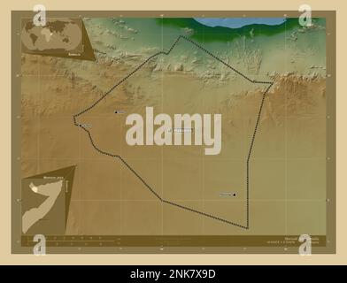 Maroodi Jeex, région de Somalie. Carte d'altitude en couleur avec lacs et rivières. Lieux et noms des principales villes de la région. Emplacement auxiliaire du coin Banque D'Images