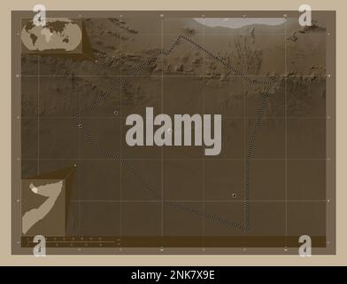 Maroodi Jeex, région de Somalie. Carte d'altitude colorée en tons sépia avec lacs et rivières. Lieux des principales villes de la région. Coin auxiliaire Banque D'Images