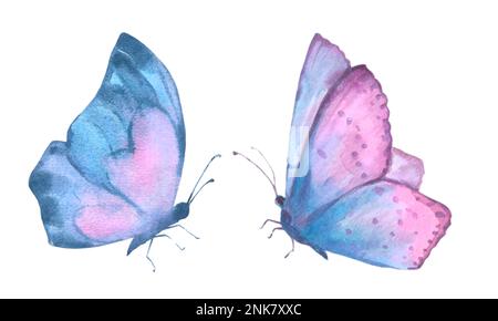 Un ensemble de jolis papillons bleus et lilas. L'illustration aquarelle a isolé des objets sur un fond blanc. Pour la décoration, le design romantique, Banque D'Images