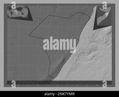 Mudug, région de Somalie. Carte d'altitude à deux niveaux avec lacs et rivières. Lieux des principales villes de la région. Cartes d'emplacement auxiliaire d'angle Banque D'Images