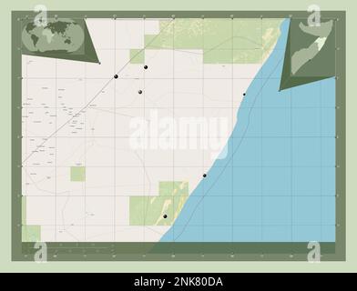 Mudug, région de Somalie. Ouvrez la carte des rues. Lieux des principales villes de la région. Cartes d'emplacement auxiliaire d'angle Banque D'Images