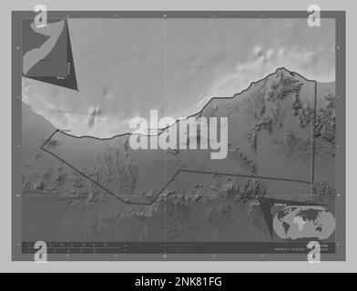 Sahil, région de Somalie. Carte d'altitude en niveaux de gris avec lacs et rivières. Lieux et noms des principales villes de la région. Emplacement auxiliaire du coin Banque D'Images