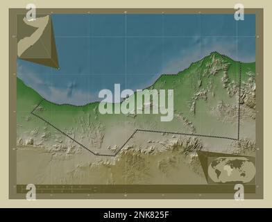 Sahil, région de Somalie. Carte d'altitude colorée en style wiki avec lacs et rivières. Cartes d'emplacement auxiliaire d'angle Banque D'Images