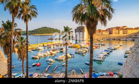 Paysage d'été côtier - vue sur le port de la vieille ville de Dubrovnik et l'île de Lokrum sur la côte Adriatique de la Croatie Banque D'Images