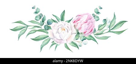 Bouquet de pivoines de guirlande aquarelle isolé sur fond blanc. Pivoines blanches et roses, eucalyptus. Illustration botanique dessinée à la main. Peut être utilisé pour Banque D'Images