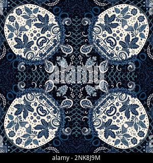 Toile de fond rétro en tissu à motifs indigo floral bandana 2 tons. Denim bleu boho sans couture. Papier peint masculin de mode. Banque D'Images