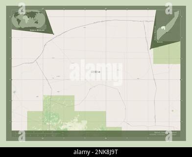 Bakool, région de la Somalie continentale. Ouvrez la carte des rues. Lieux et noms des principales villes de la région. Cartes d'emplacement auxiliaire d'angle Banque D'Images